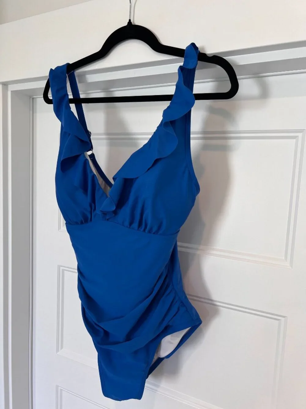 DKNY Ruffle Plunge One-Piece Swimsuit Underwire Tummy Control Cobalt Glam Size12 - Picture 3 of 10